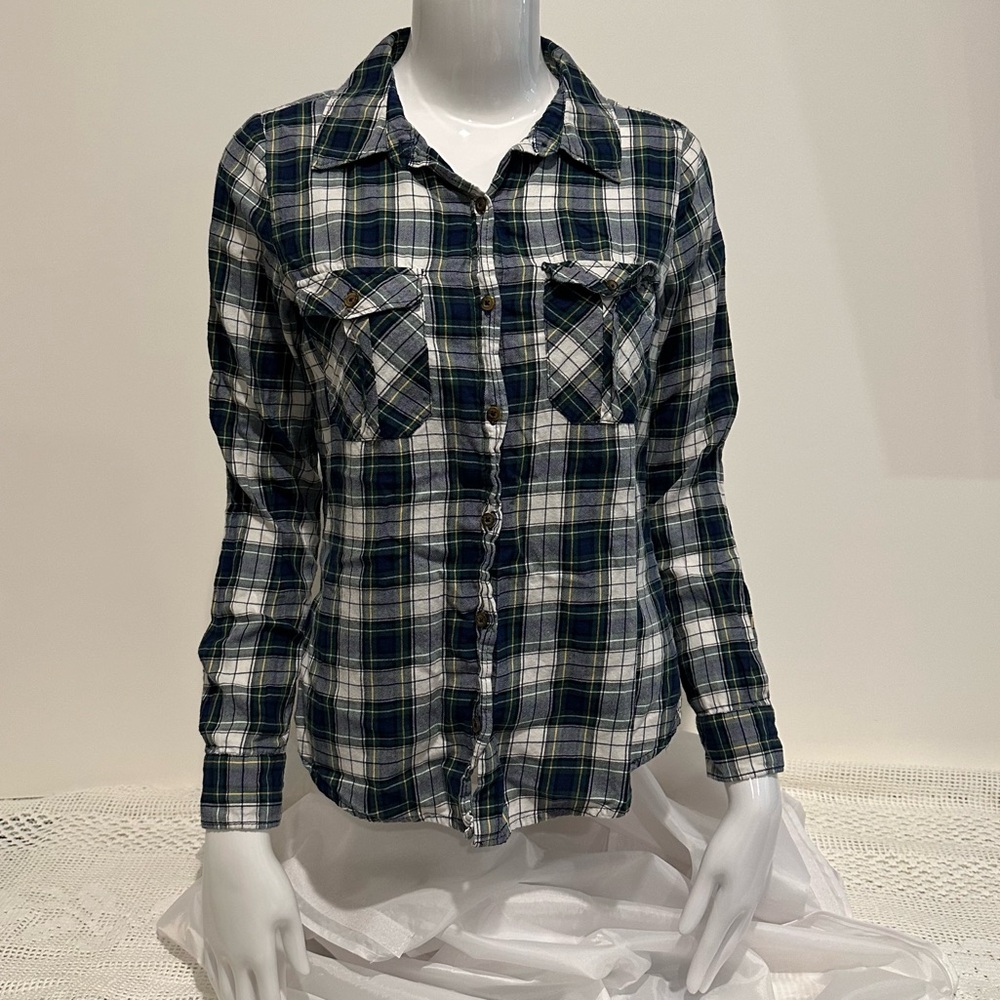 Forever 21 Flannel button down navy green yellow white plaid shirt  size small